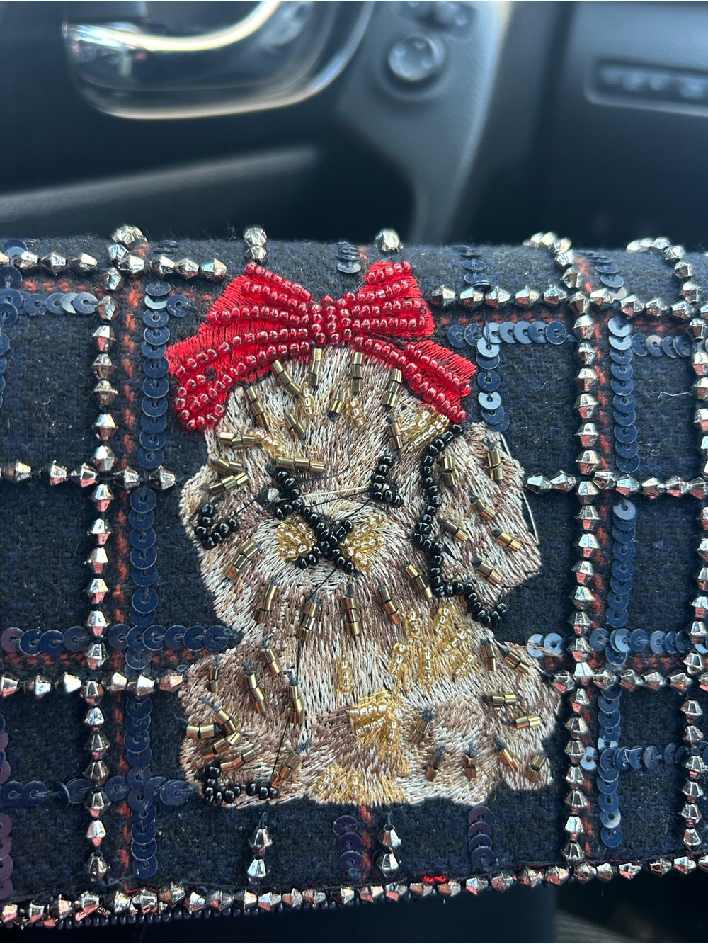 Embroidered Dog Clutch with Red Bow - Decorative Pet Motif